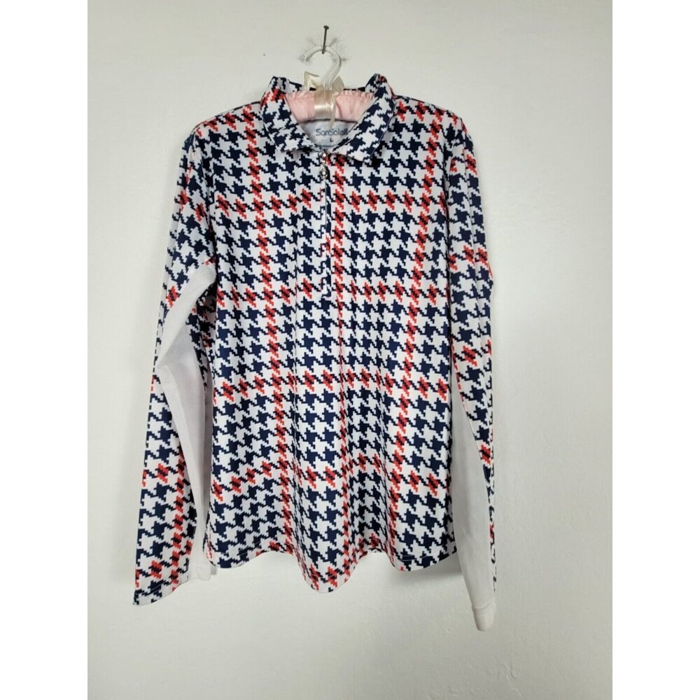 SanSoleil Womens UPF 50 Golf Walk Zip Polo Shirt Large Houndstooth White Navy